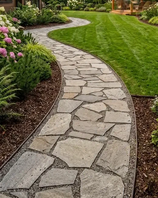 After: a hand-laid flagstone path between planted beds